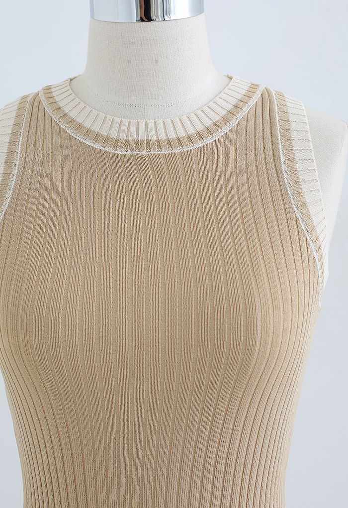 Two-Tone Ribbed Knit Tank Top in Camel