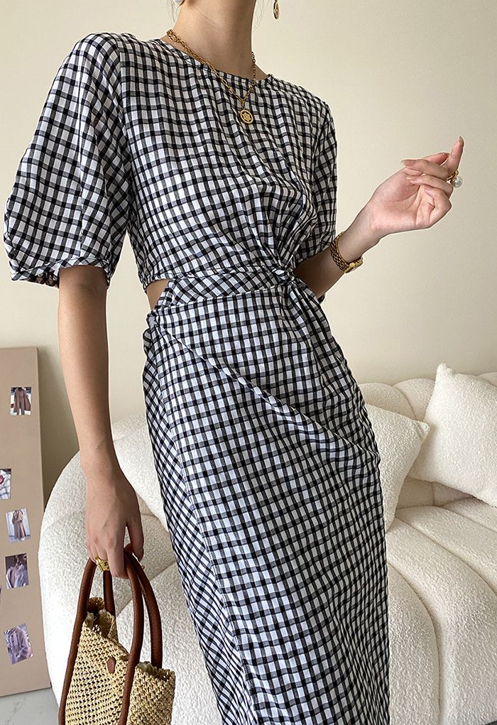 Gingham Knot Front Cutout Dress