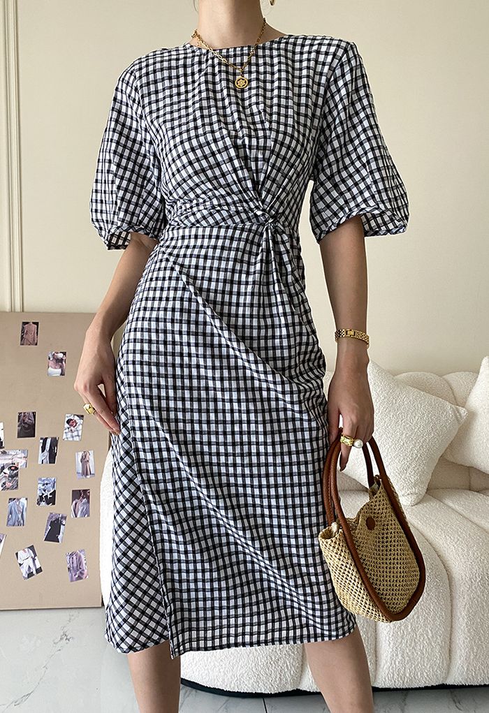 Gingham Knot Front Cutout Dress