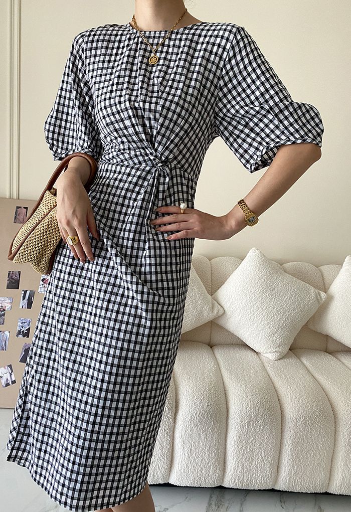 Gingham Knot Front Cutout Dress