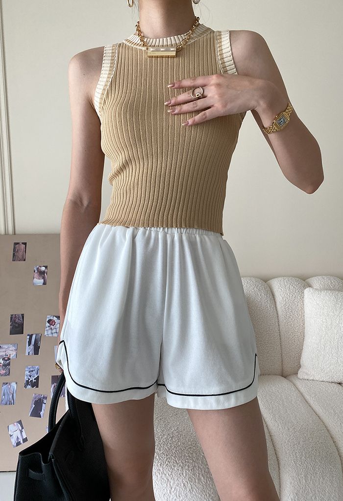 Two-Tone Ribbed Knit Tank Top in Camel