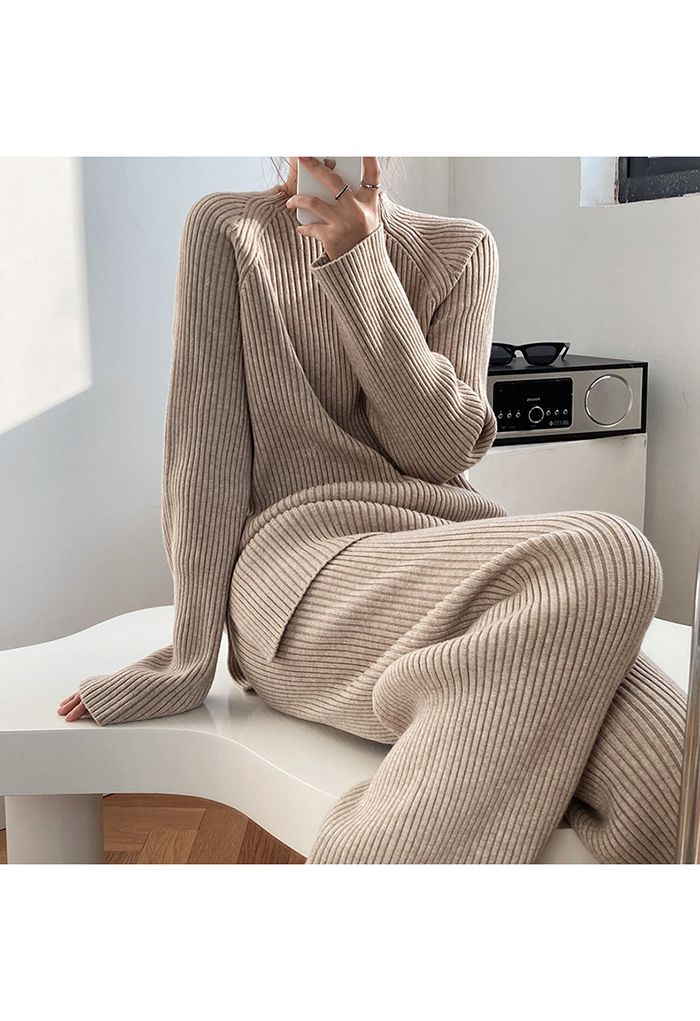 Rib Knit Split Hem Sweater and Pants Set in Sand