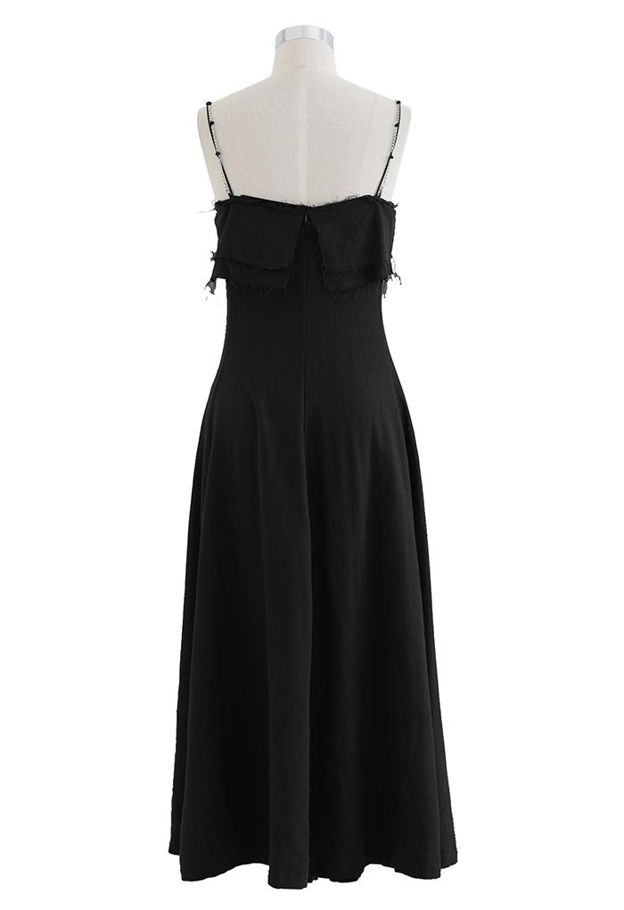 Double Straps Flap Linen Cami Dress in Black