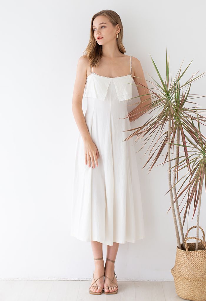 Double Straps Flap Linen Cami Dress in Ivory