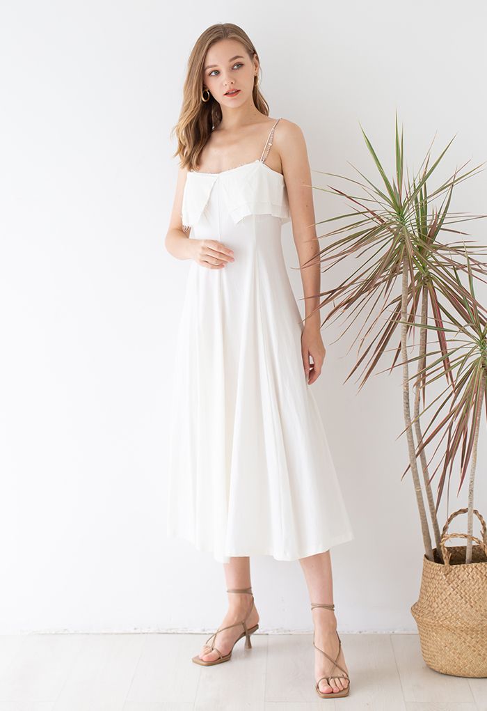 Double Straps Flap Linen Cami Dress in Ivory