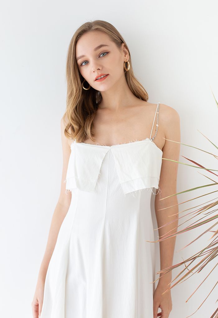 Double Straps Flap Linen Cami Dress in Ivory