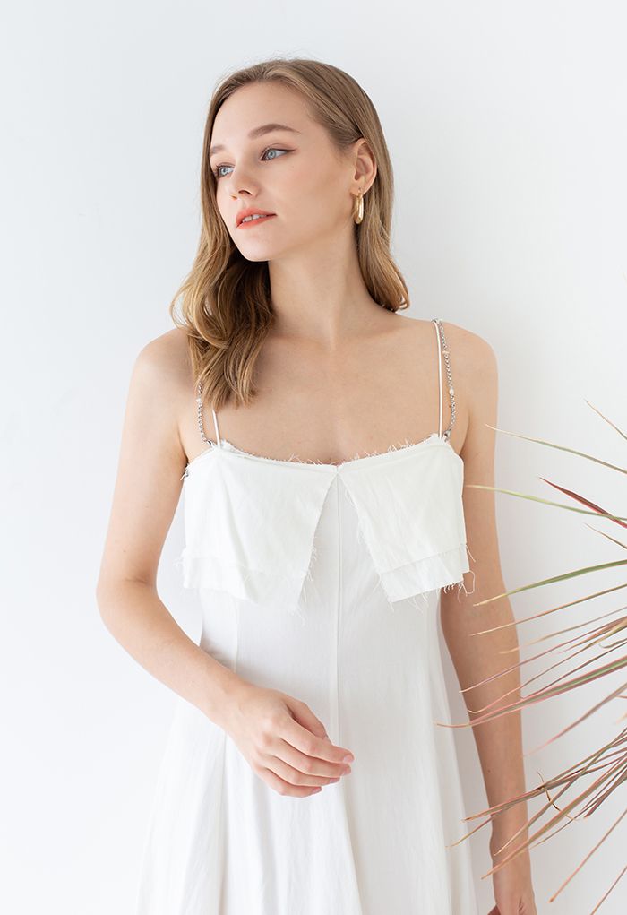 Double Straps Flap Linen Cami Dress in Ivory