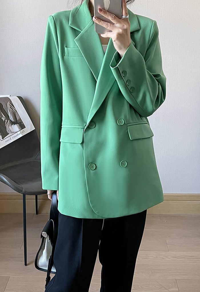 Double-Breasted Flap Pockets Blazer in Green