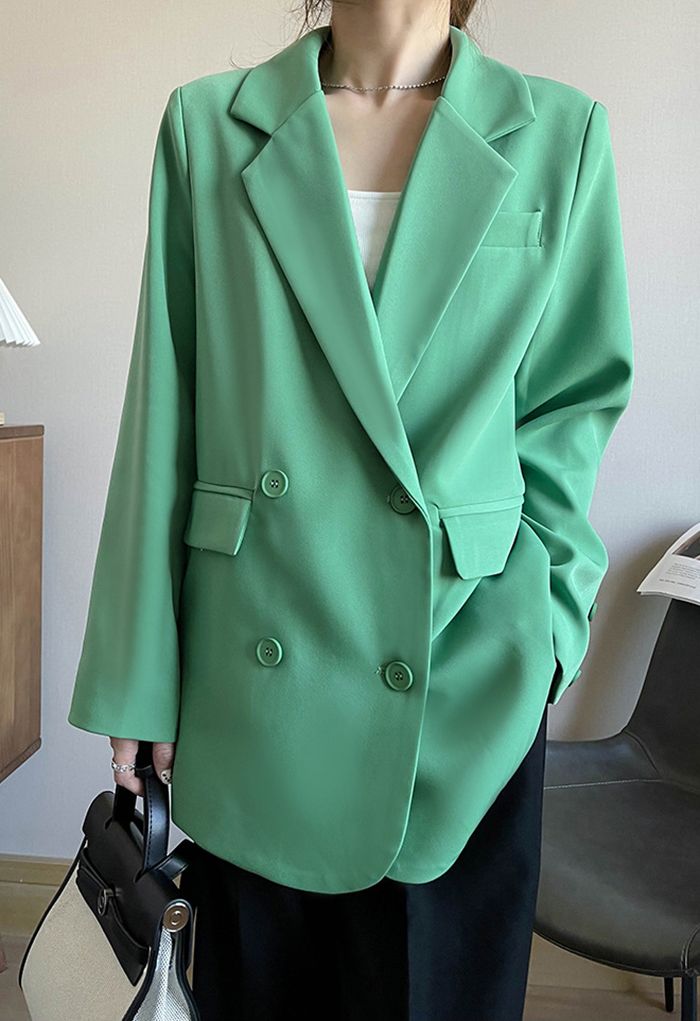 Double-Breasted Flap Pockets Blazer in Green