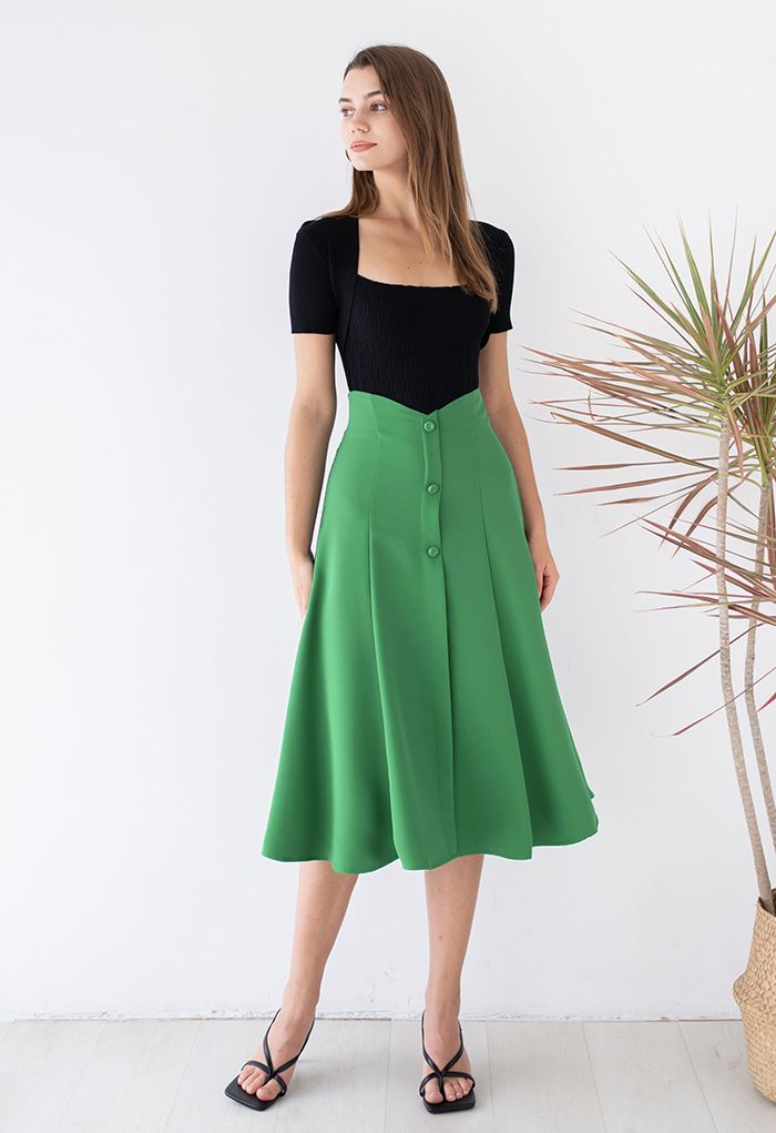 Buttons Trim High Waist Flare Midi Skirt in Green