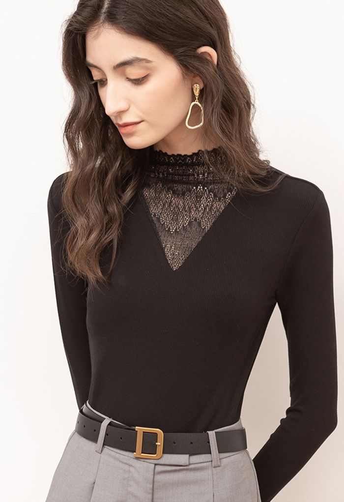 Lacy Spliced V-Neck Fitted Top in Black