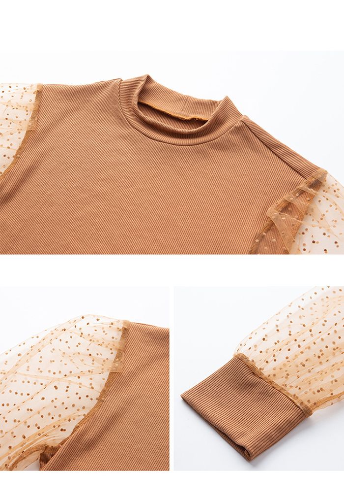 Flock Dots Elbow Sleeves Ribbed Top in Caramel