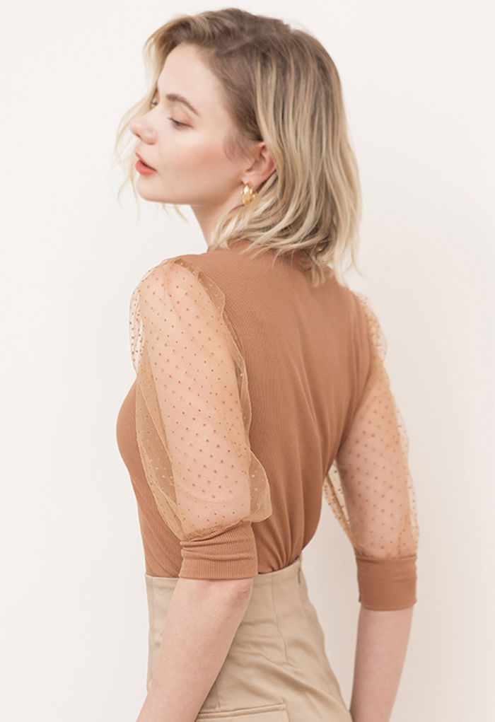 Flock Dots Elbow Sleeves Ribbed Top in Caramel