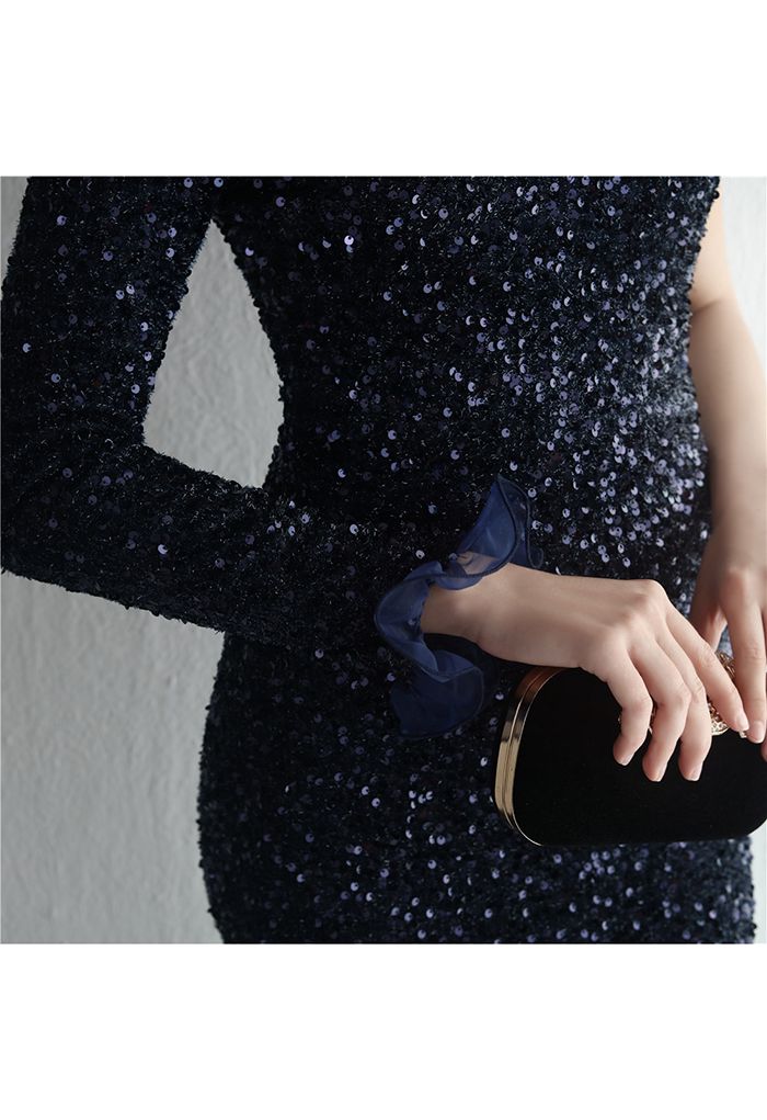 One-Shoulder Organza Trim Sequined Gown in Navy