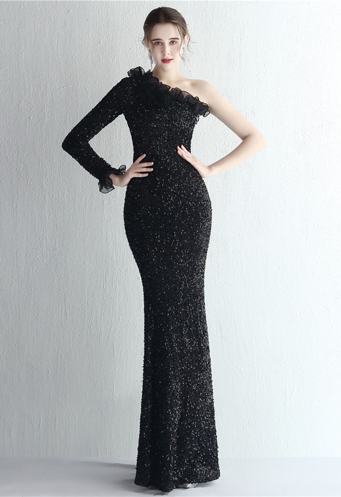 One-Shoulder Organza Trim Sequined Gown in Black