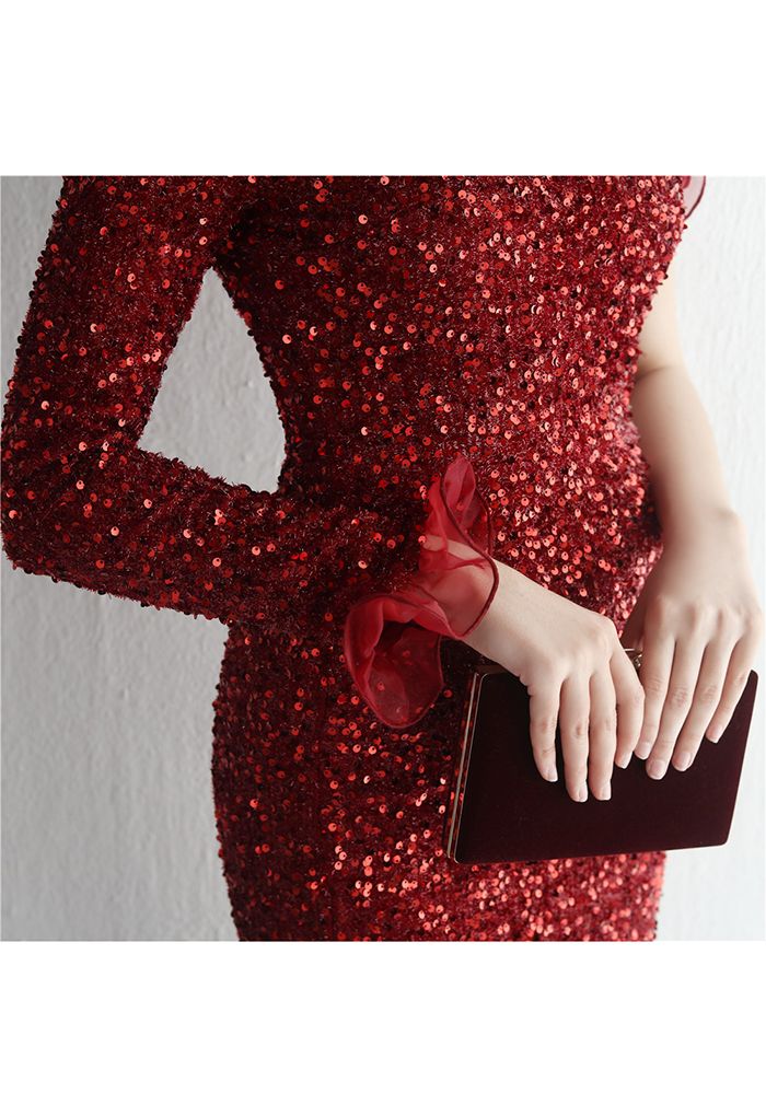 One-Shoulder Organza Trim Sequined Gown in Burgundy