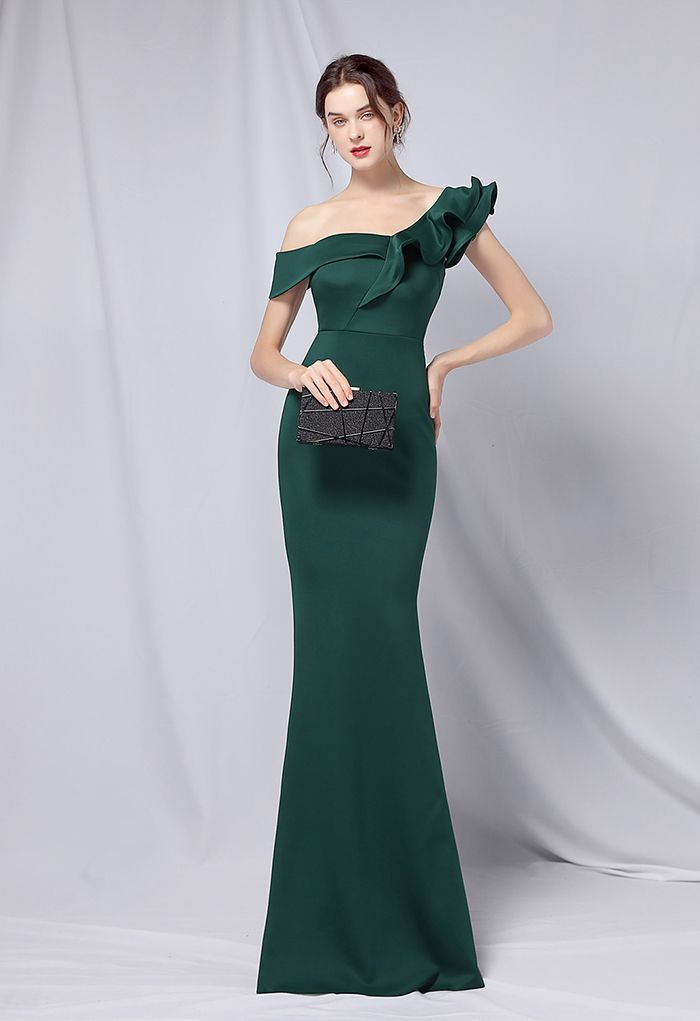 Ruffle One-Shoulder Mermaid Satin Gown in Emerald