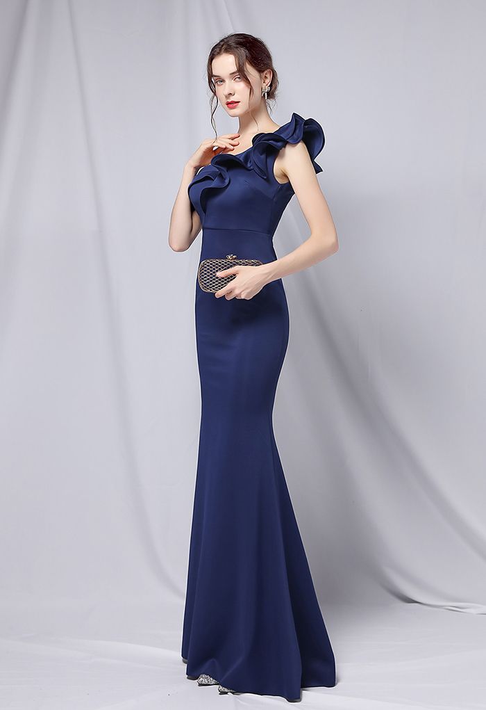 Ruffle One-Shoulder Mermaid Satin Gown in Navy