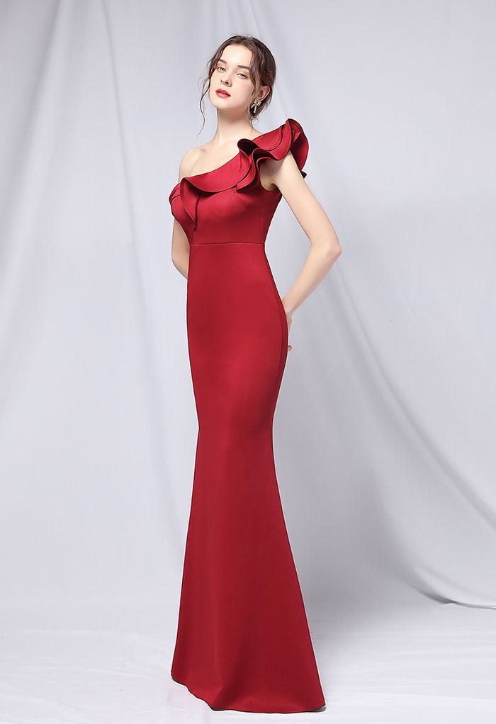 Ruffle One-Shoulder Mermaid Satin Gown in Burgundy