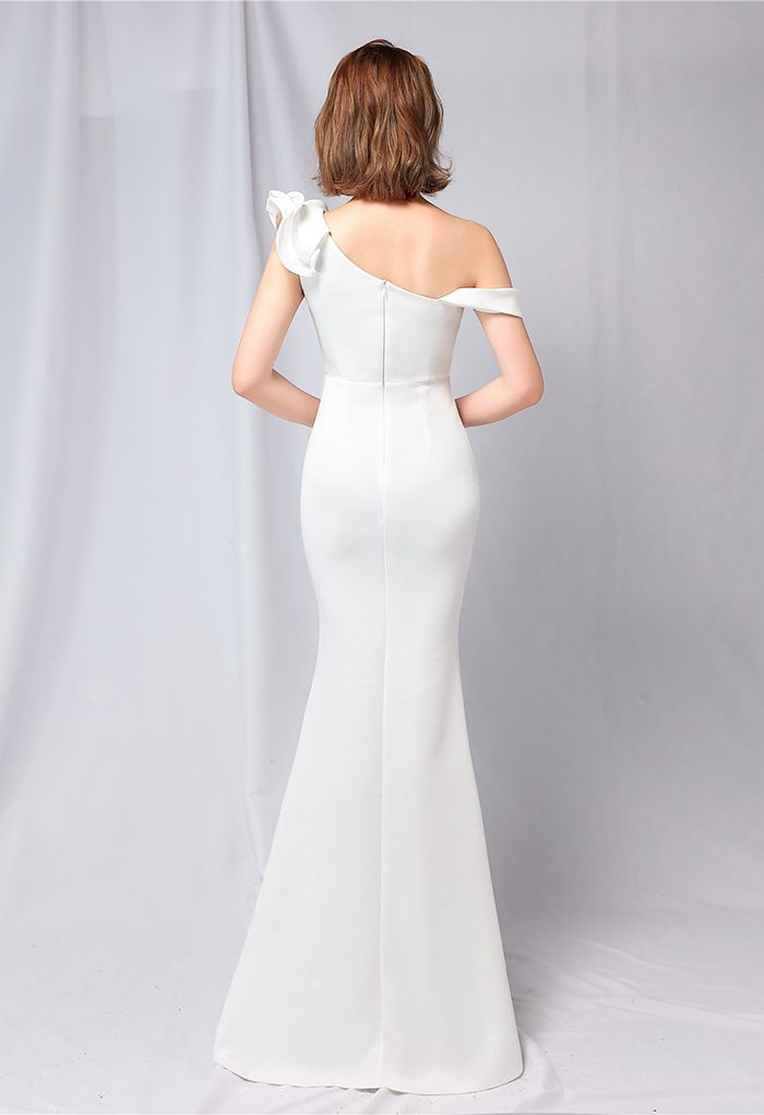 Ruffle One-Shoulder Mermaid Satin Gown in White