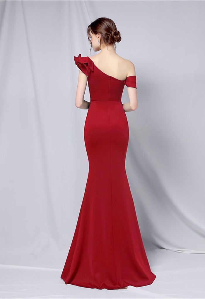 Ruffle One-Shoulder Mermaid Satin Gown in Burgundy