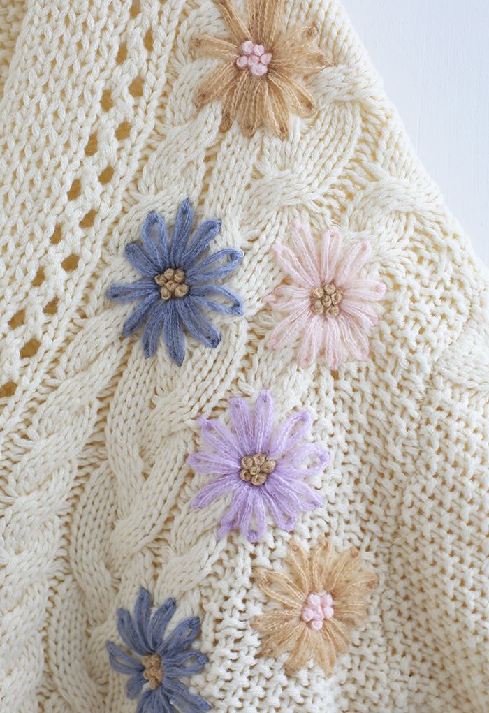 Stitched Flowers Braided Hand Knit Cardigan in Cream