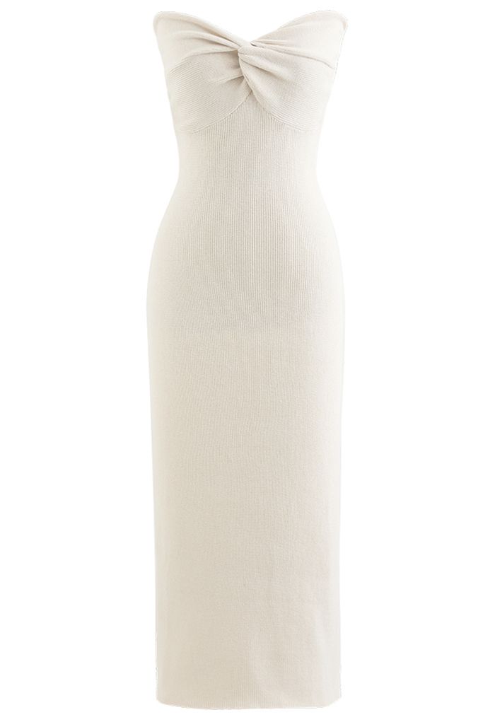 Knotted Front Fitted Knit Dress in Ivory