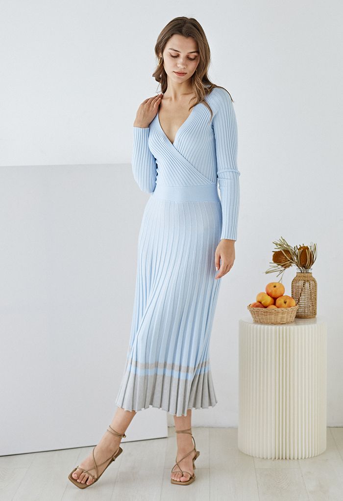 Soft Knit Contrast Hem Wrap Midi Dress in Baby Blue