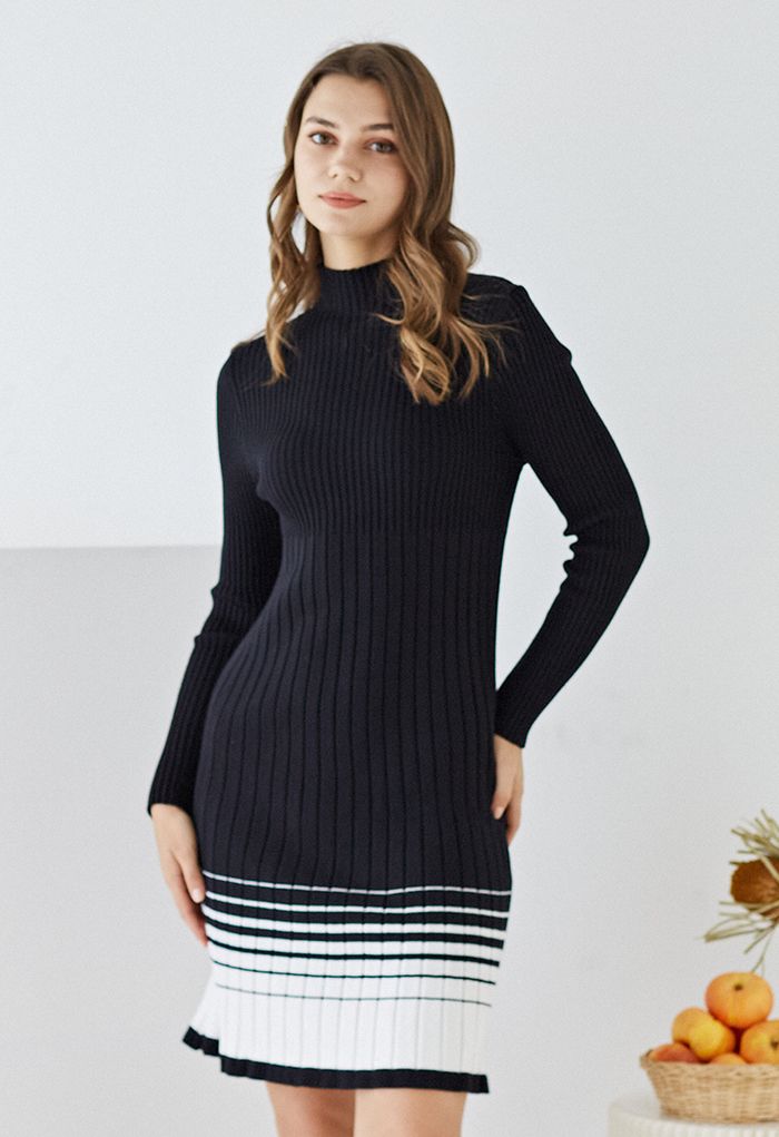 Contrast Hem Mock Neck Knit Dress in Black