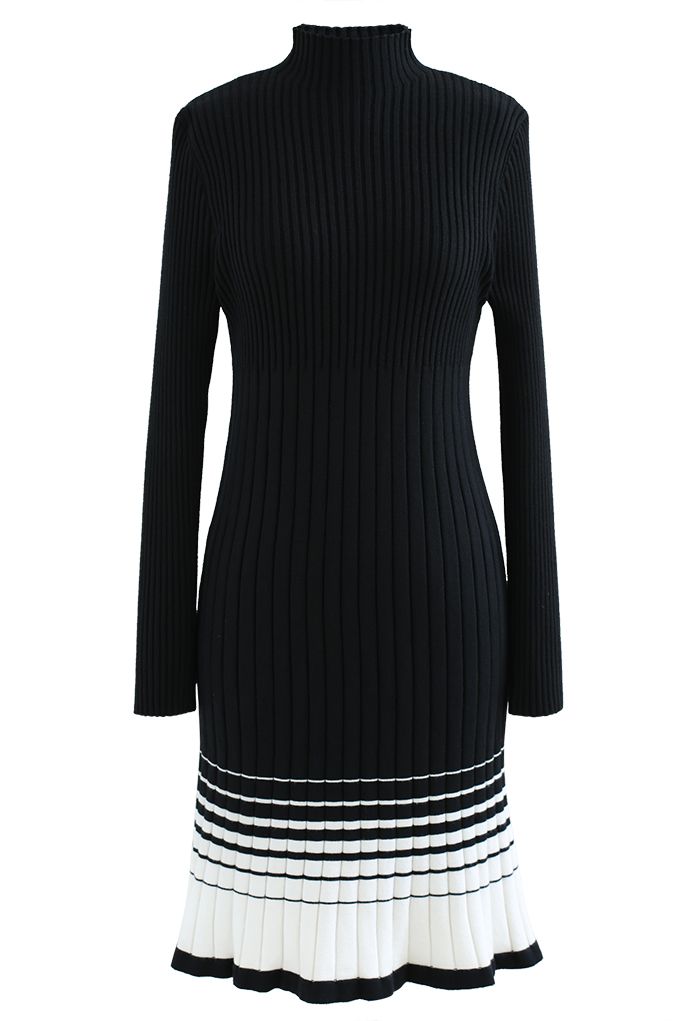 Contrast Hem Mock Neck Knit Dress in Black