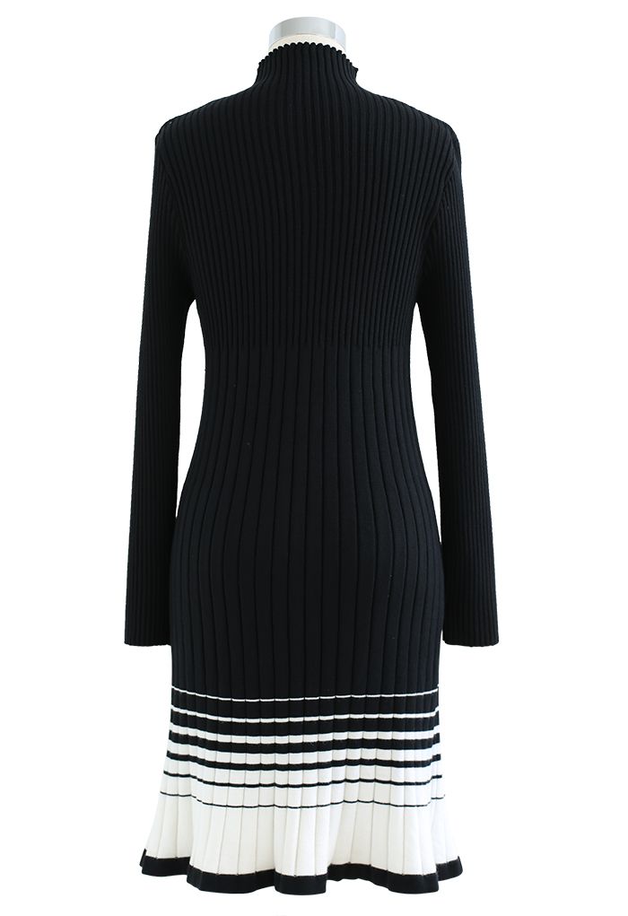 Contrast Hem Mock Neck Knit Dress in Black