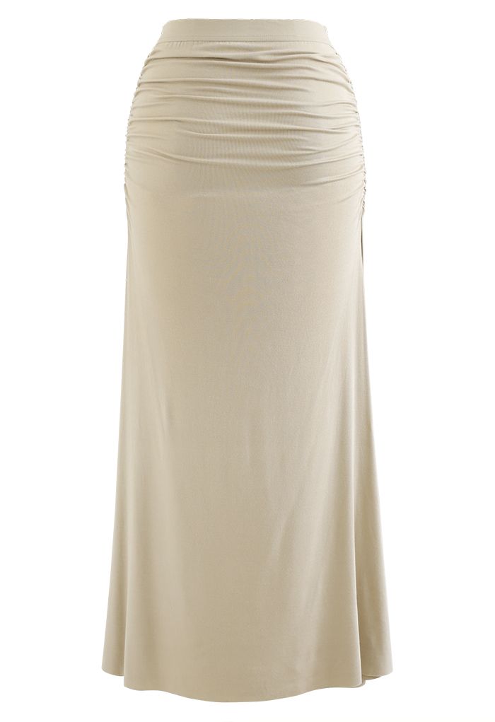 High Waist Ruched Detail Maxi Skirt in Sand