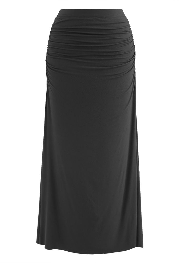 High Waist Ruched Detail Maxi Skirt in Smoke