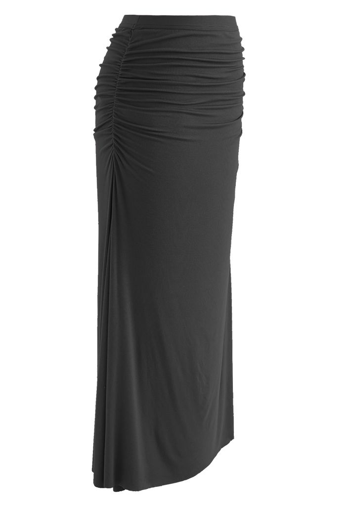 High Waist Ruched Detail Maxi Skirt in Smoke