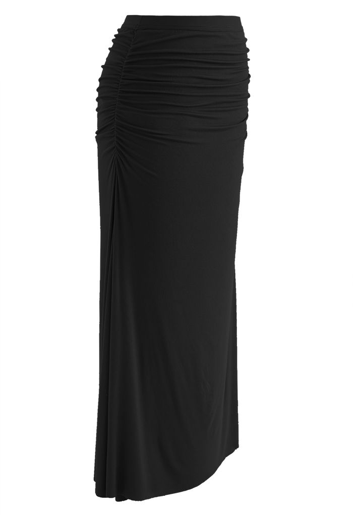 High Waist Ruched Detail Maxi Skirt in Black