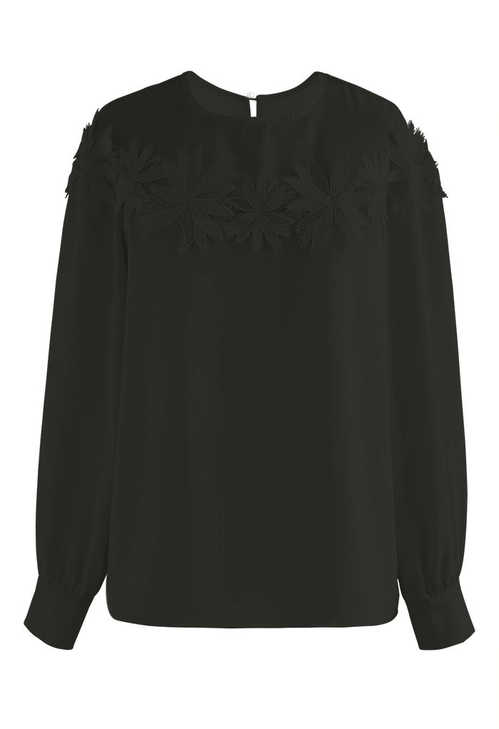 Floral Crochet Spliced Satin Shirt in Black