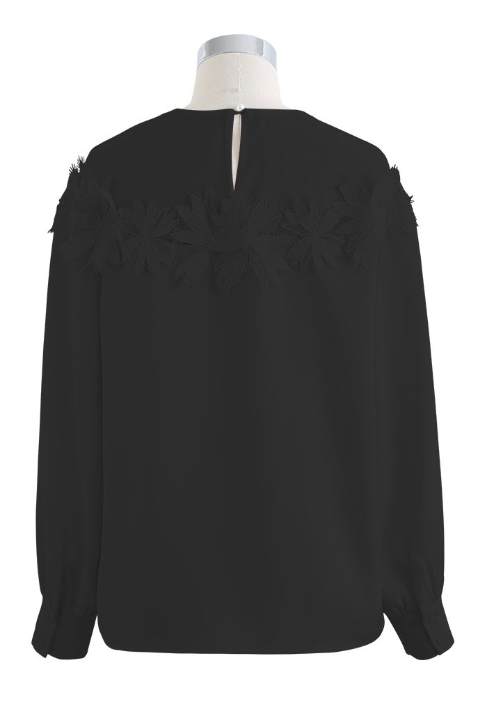 Floral Crochet Spliced Satin Shirt in Black