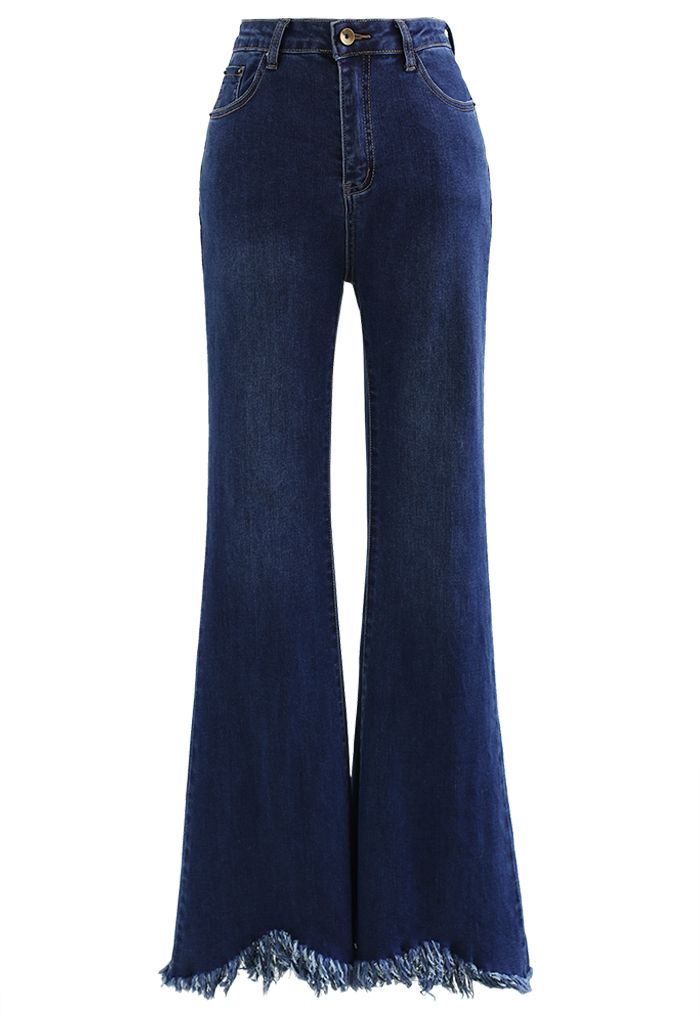 Tassel Hem Classic Pocket Flare Jeans in Navy