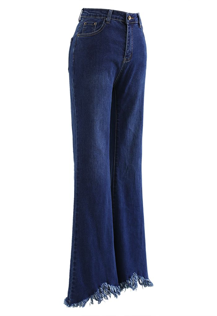 Tassel Hem Classic Pocket Flare Jeans in Navy