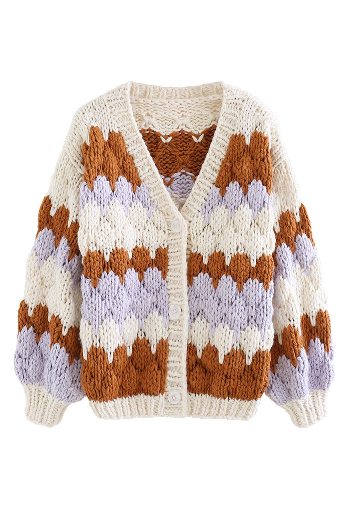 Color Blocked V-Neck Hand-Knit Chunky Cardigan in Cream