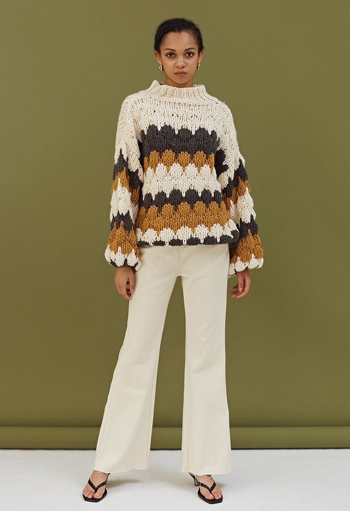 Color Blocked High Neck Hand-Knit Chunky Sweater in Smoke