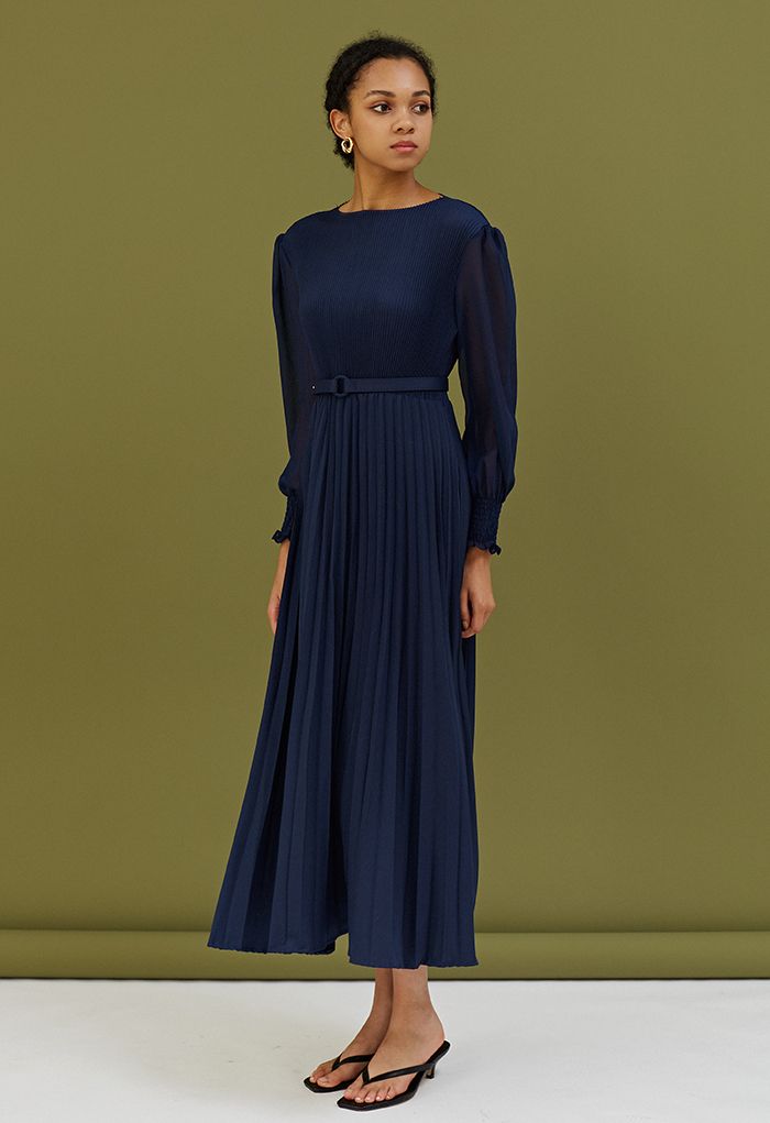 Full Pleated Belted Maxi Dress in Navy