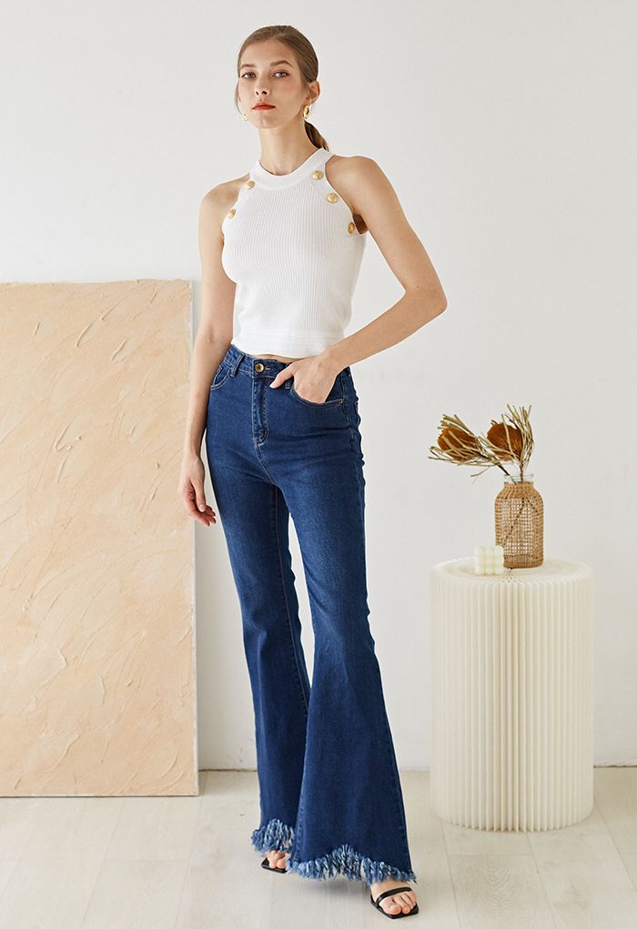 Tassel Hem Classic Pocket Flare Jeans in Navy