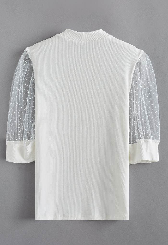 Flock Dots Elbow Sleeves Ribbed Top in White