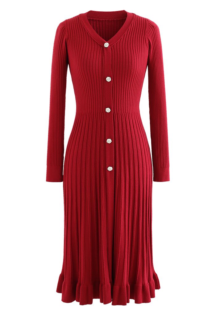 Button Front Ribbed Knit A-line Midi Dress in Red