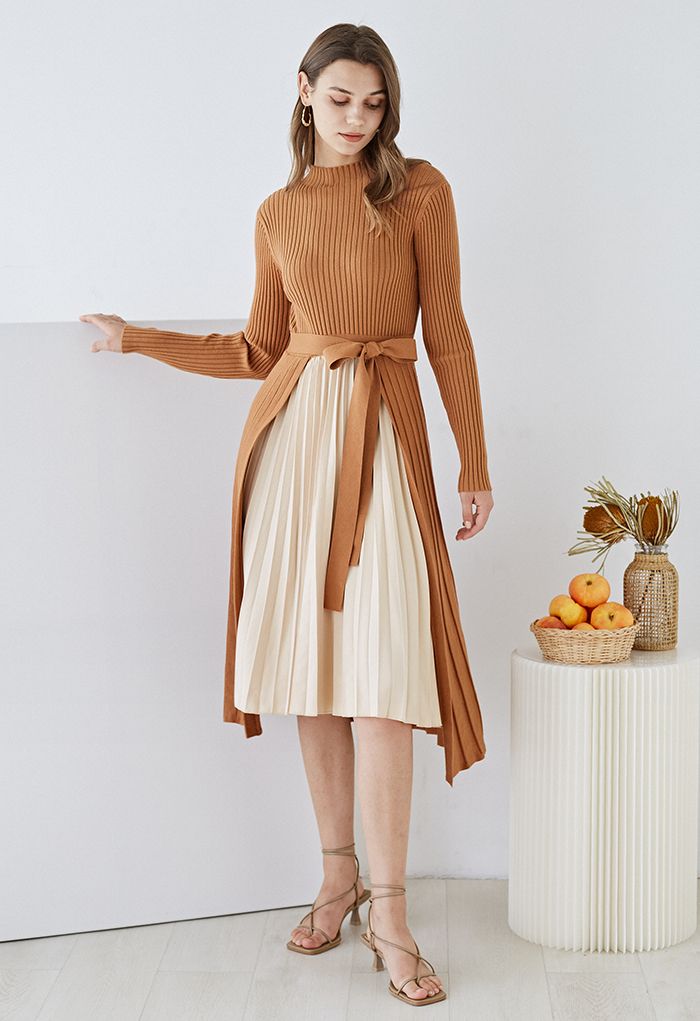 Front Pleats Splicing Belted Hi-Lo Knit Dress in Caramel