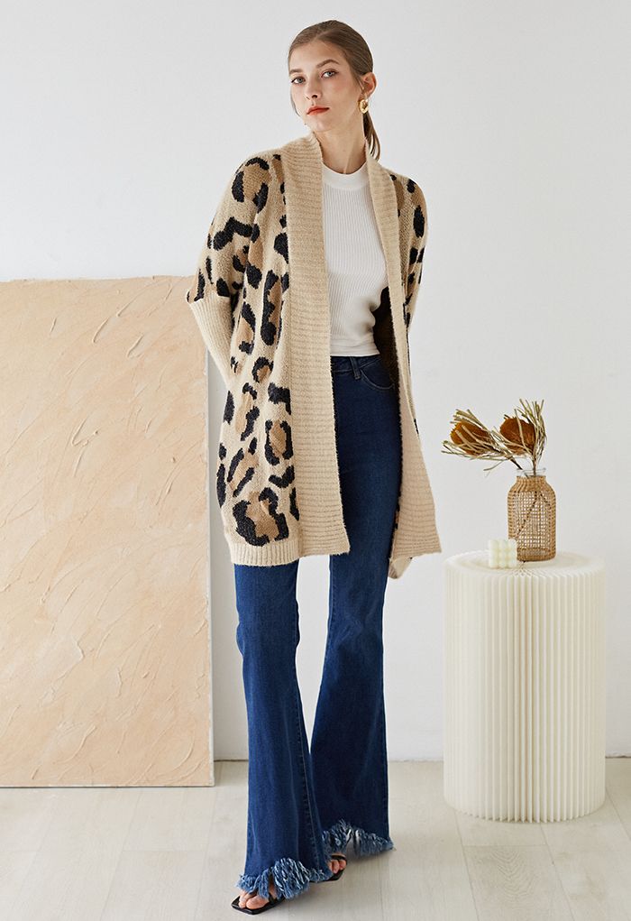 Fuzzy Leopard Batwing Sleeves Open Front Cardigan in Camel