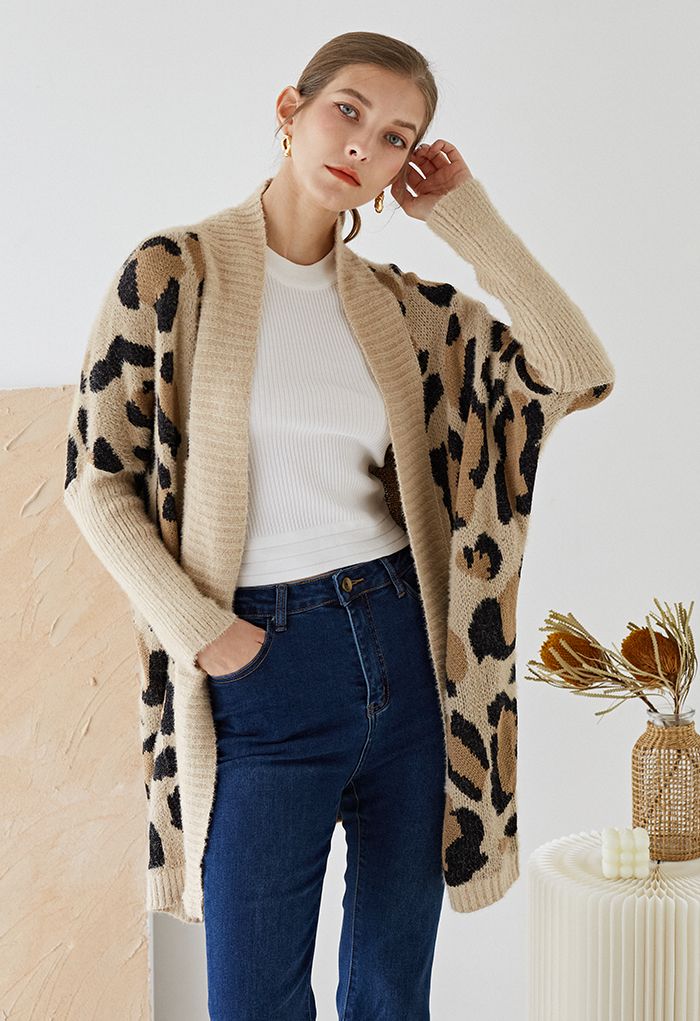 Fuzzy Leopard Batwing Sleeves Open Front Cardigan in Camel