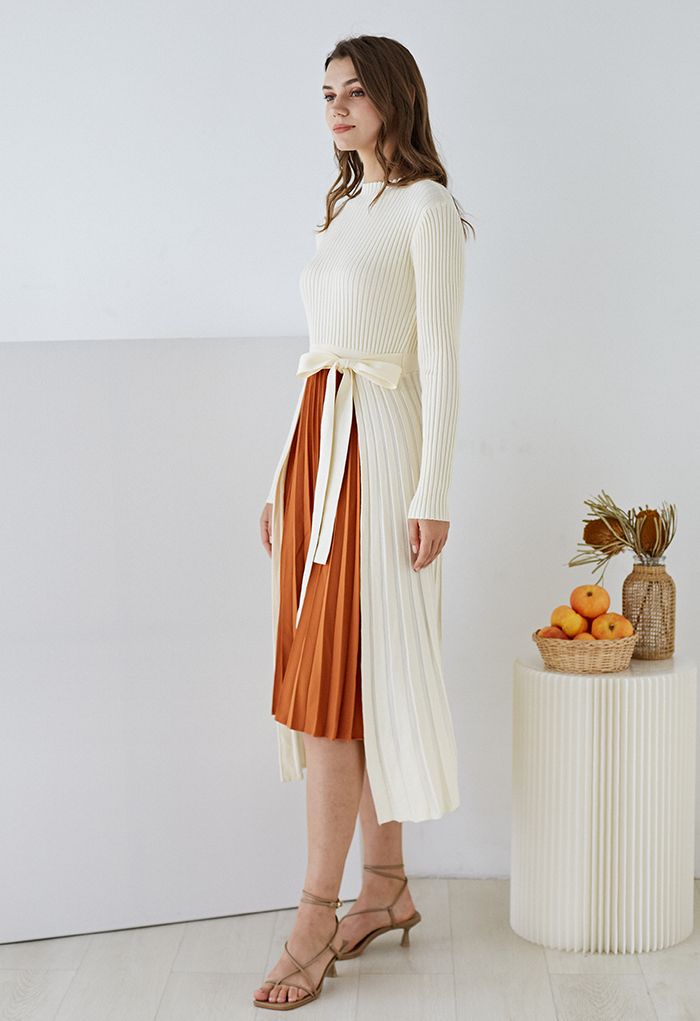 Front Pleats Splicing Belted Hi-Lo Knit Dress in Cream