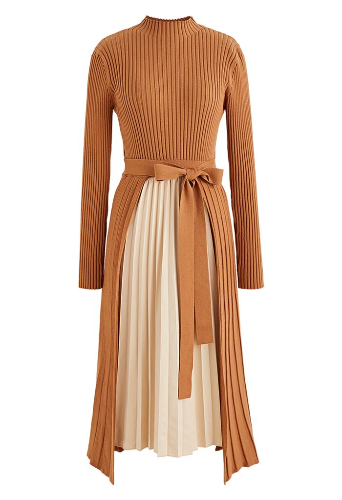 Front Pleats Splicing Belted Hi-Lo Knit Dress in Caramel